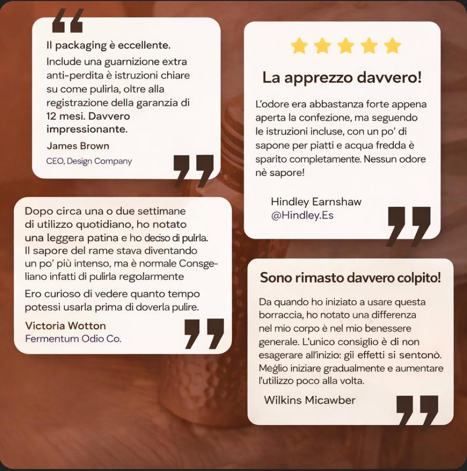 Bottiglia d'acqua in rame puro certificata Ayurveda®