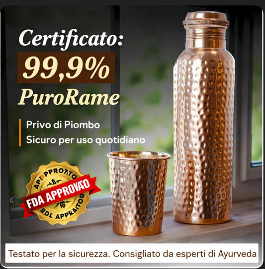 Bottiglia d'acqua in rame puro certificata Ayurveda®