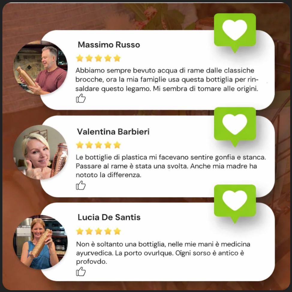Bottiglia d'acqua in rame puro certificata Ayurveda®
